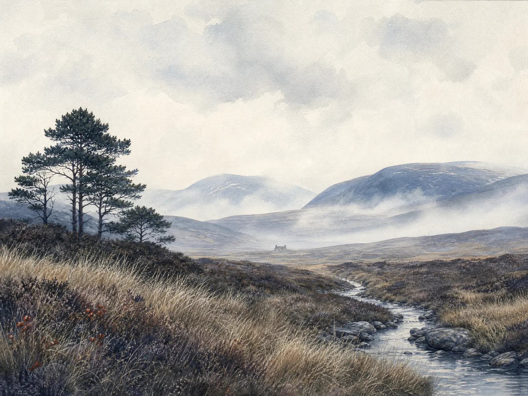 Editorial Highland landscape with a burn, moor grasses, Scots pine and a distant generic cottage