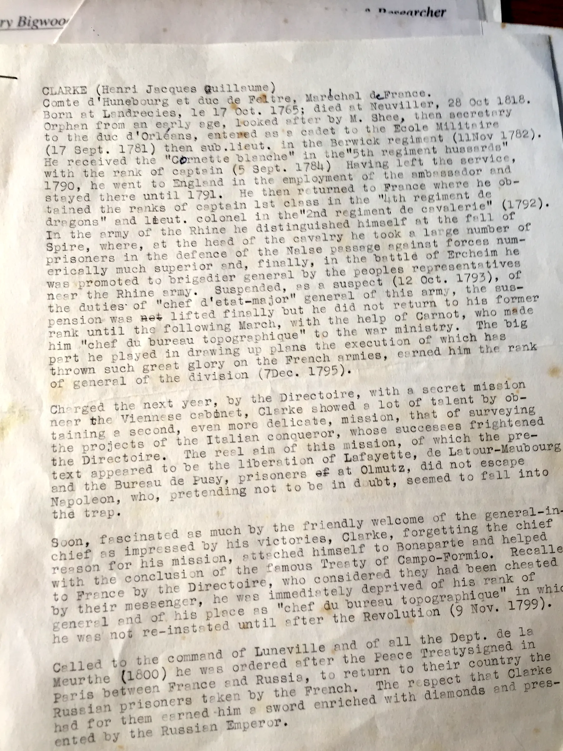 Aged typed English biography sheet headed Clarke, Henri Jacques Guillaume