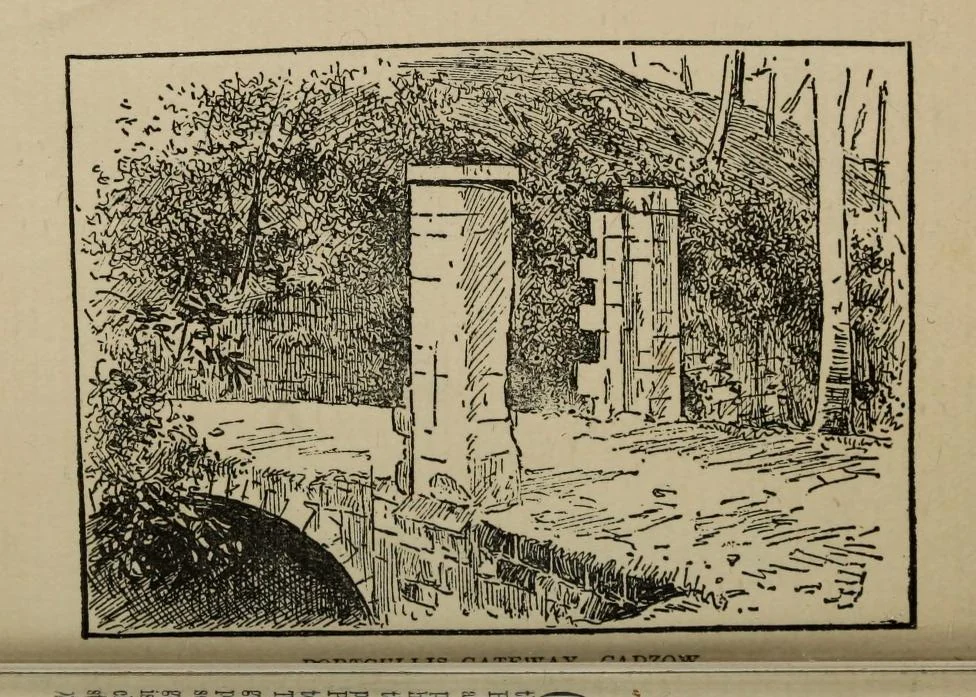 Ink illustration of the ruined gateway at Cadzow Castle, published in 1900