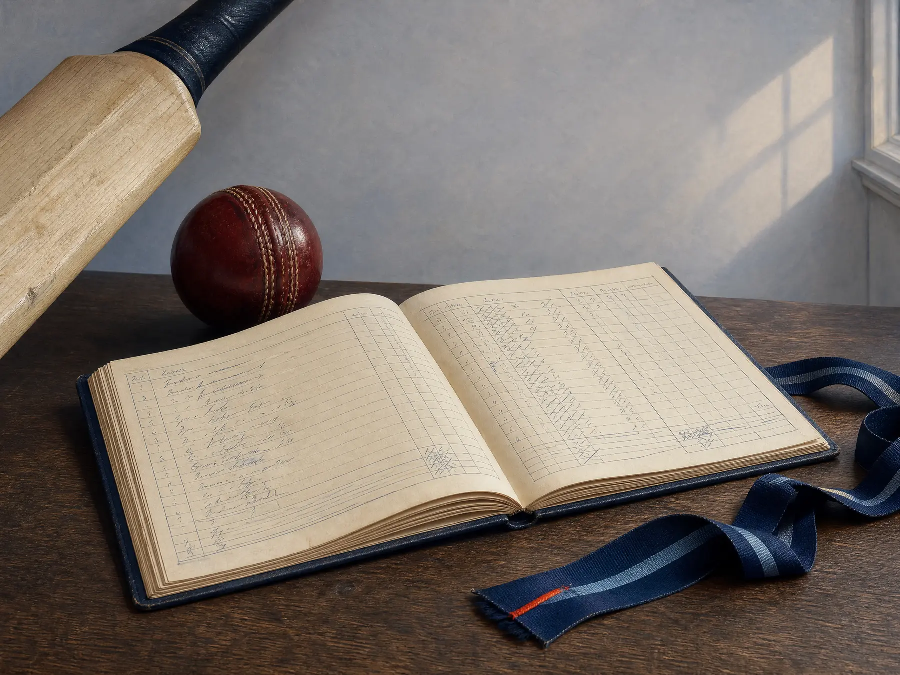 Editorial still life of an open cricket scorebook, red ball, bat and navy ribbon
