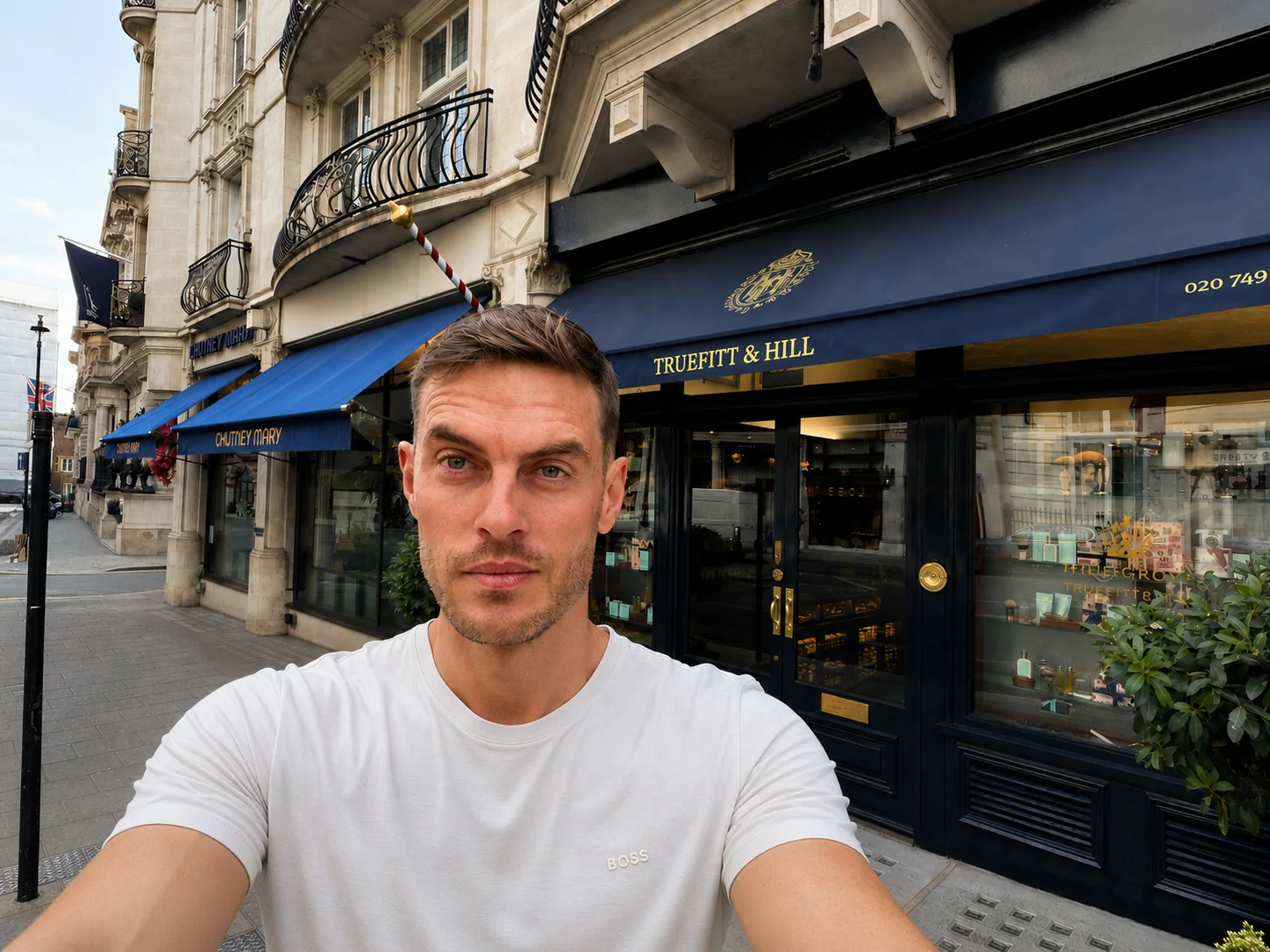 Richard Hammond-Chambers-Borgnis outside the Truefitt & Hill shopfront at 71 St James’s Street, London